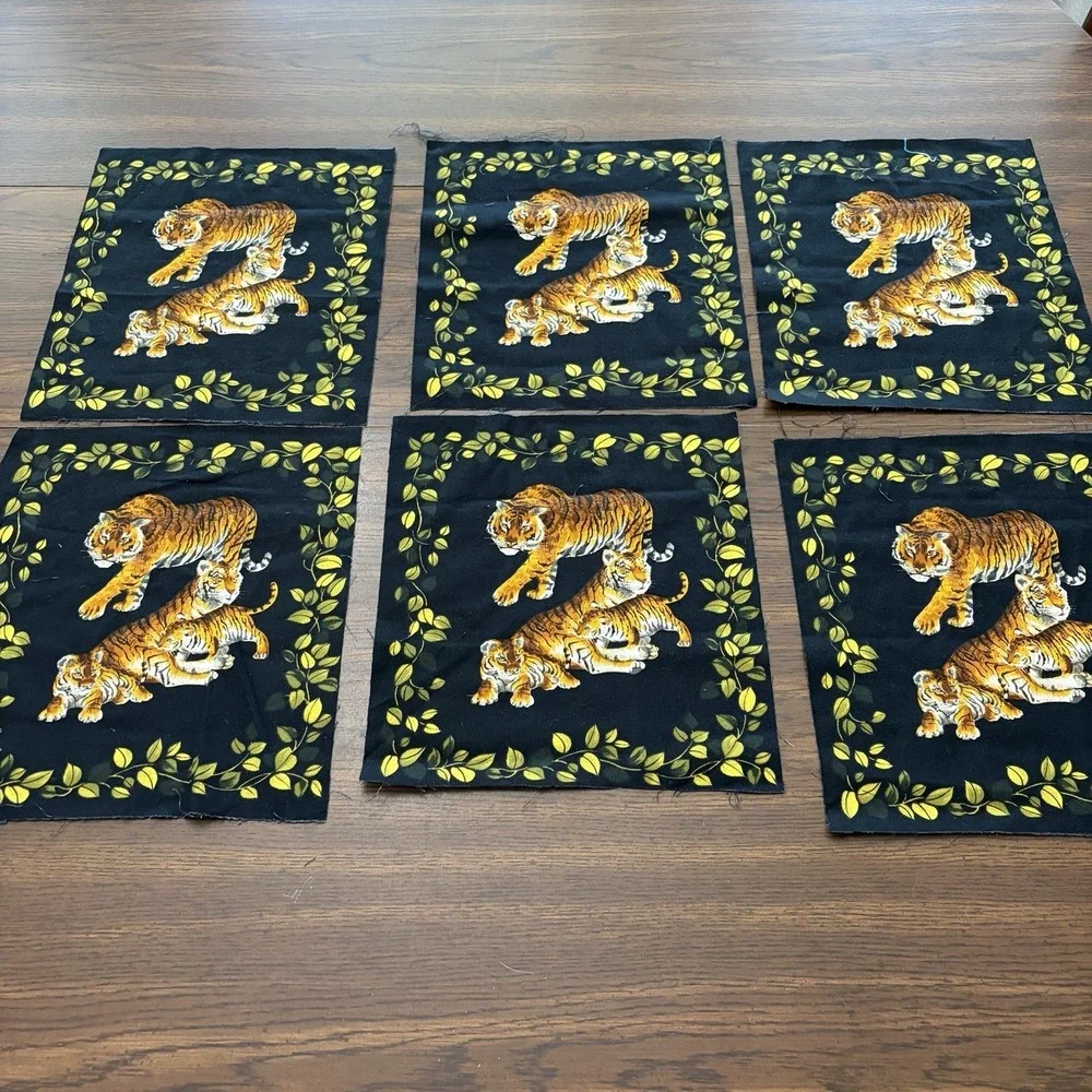 Vintage Tiger Family Fabric Quilt Blocks Lot Of 6 Jungle 11x11 Sewing Craft